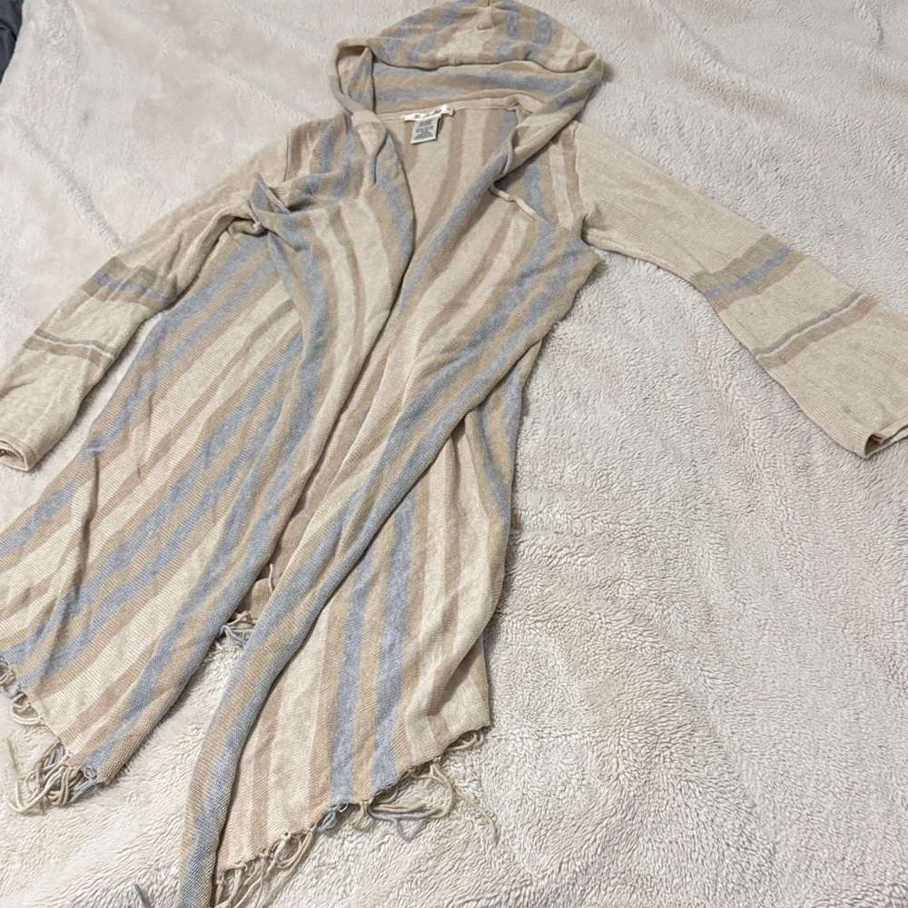 Striped Hooded Poncho Fringe Cardigan Sweater - M